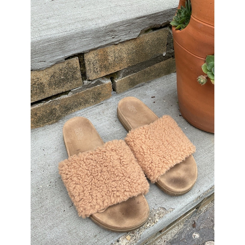 Stars Above 8 Faux Shearling Slide Slippers Beige Cozy Plush Women's Sandals